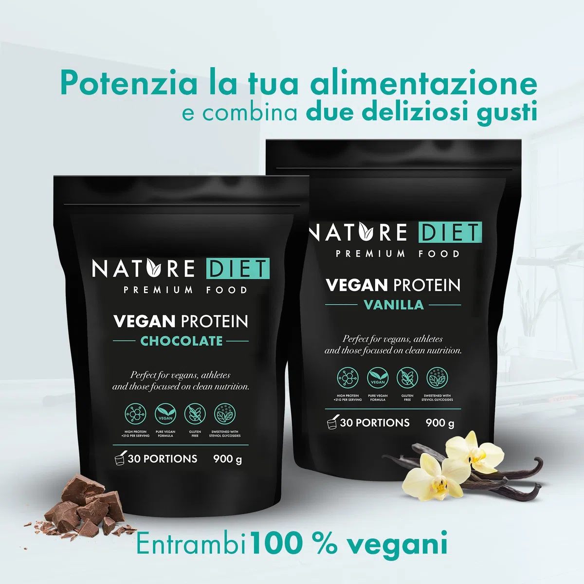 Nature Diet Proteine Vegane Cioccolato | 900 g | Alto Contenuto Proteico | 21 g di Proteine per Porzione | 30 Porzioni | Mix di Pisello & Canapa | Formula Pulita, Vegetale & Senza Glutine