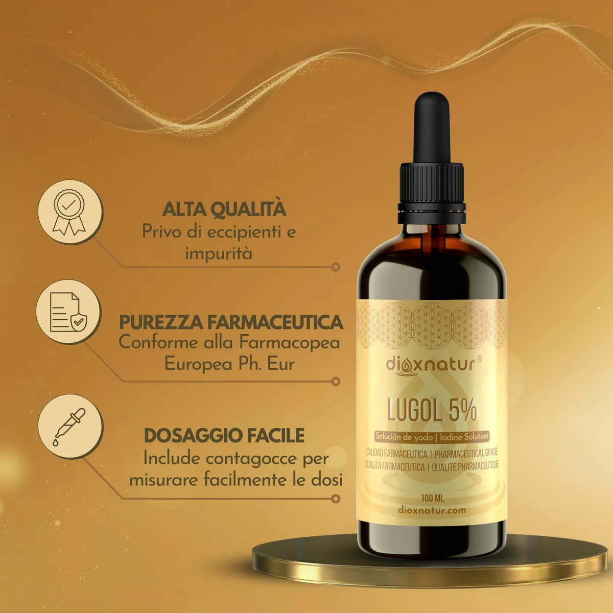 Soluzione di Lugol 5% di qualità farmaceutica 100ml | Gocce di iodio liquido e ioduro di potassio con pipetta dosatrice precisa