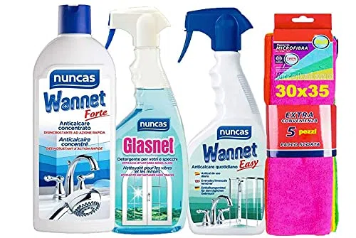 NUNCAS SET PULIZIA BAGNO GLASNET 750 ML + WANNET FORTE 500 ML + WANNET EASY 500 ML + pacco 5 panni in microfibra 30x40cm
