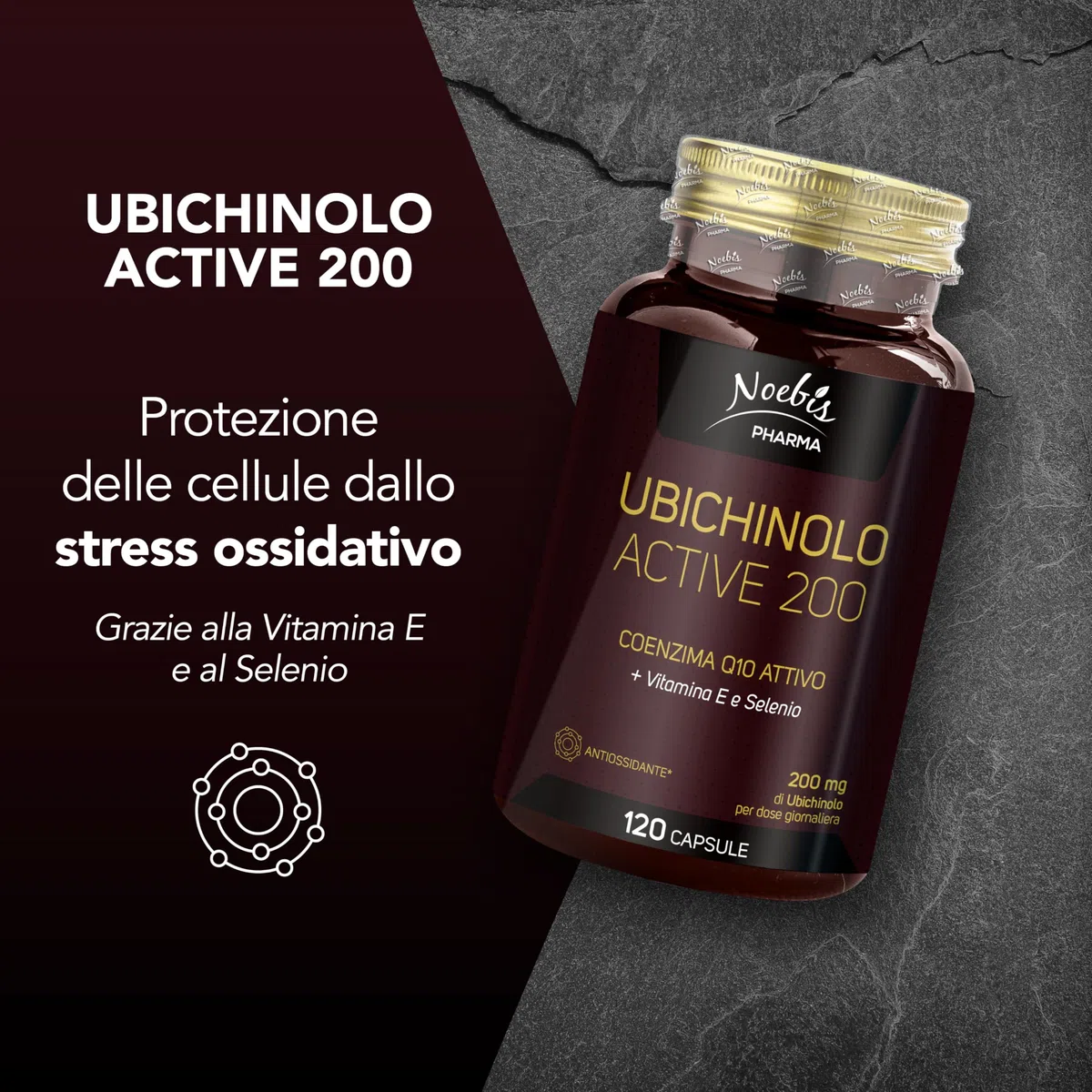 Noebis Pharma Ubiquinolo Active 200 – 120 Capsule (1 x 120) con Vitamina E e Selenio – Coenzima Q10 Attivo – Confezione Singola