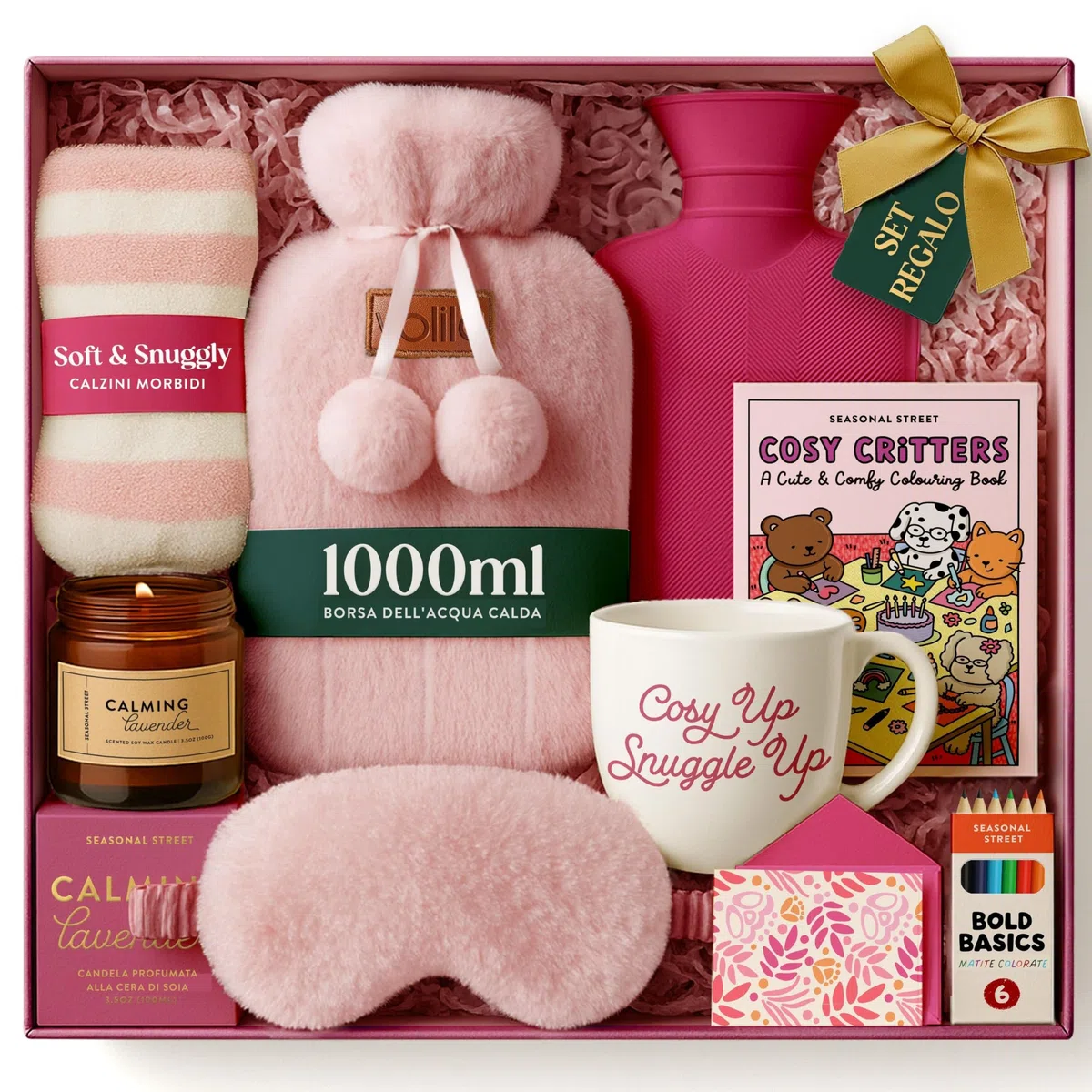 Set Regalo con Borsa Acqua Calda – Boule Acqua Calda Rosa da 1000ml con Calzini, Tazza, Candela, Mascherina per gli Occhi e Libro da Colorare con Matita