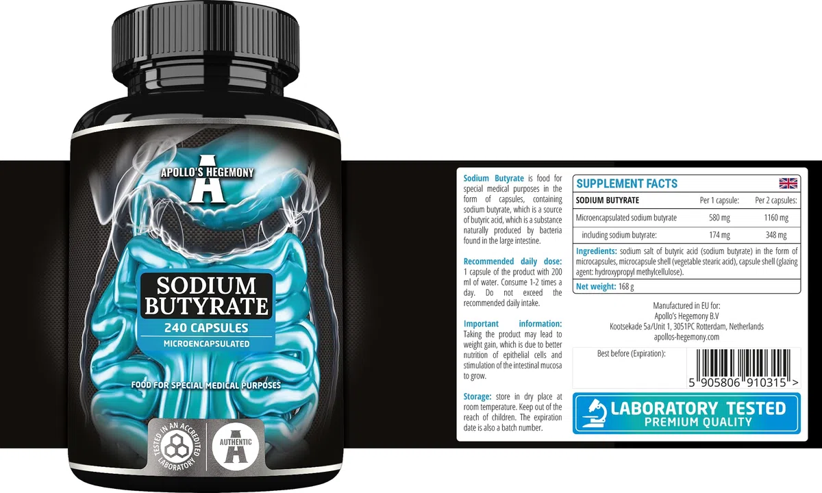 Sodio butirrato ad alto dosaggio 570 mg (30% di acido butirrico), 240 capsule vegane, fornitura di 8 mesi, integratore per sostenere la rigenerazione della barriera intestinale - Apollo's Hegemony