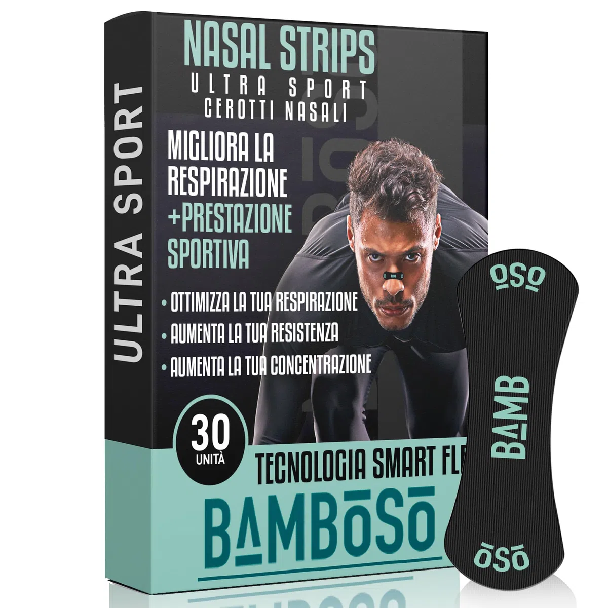 Bamboso 30 Strisce Nasale Sportive Nere | Migliora la respirazione durante lo sport | Allevia la congestione e aumenta le prestazioni fisiche | Ipoallergeniche e comode