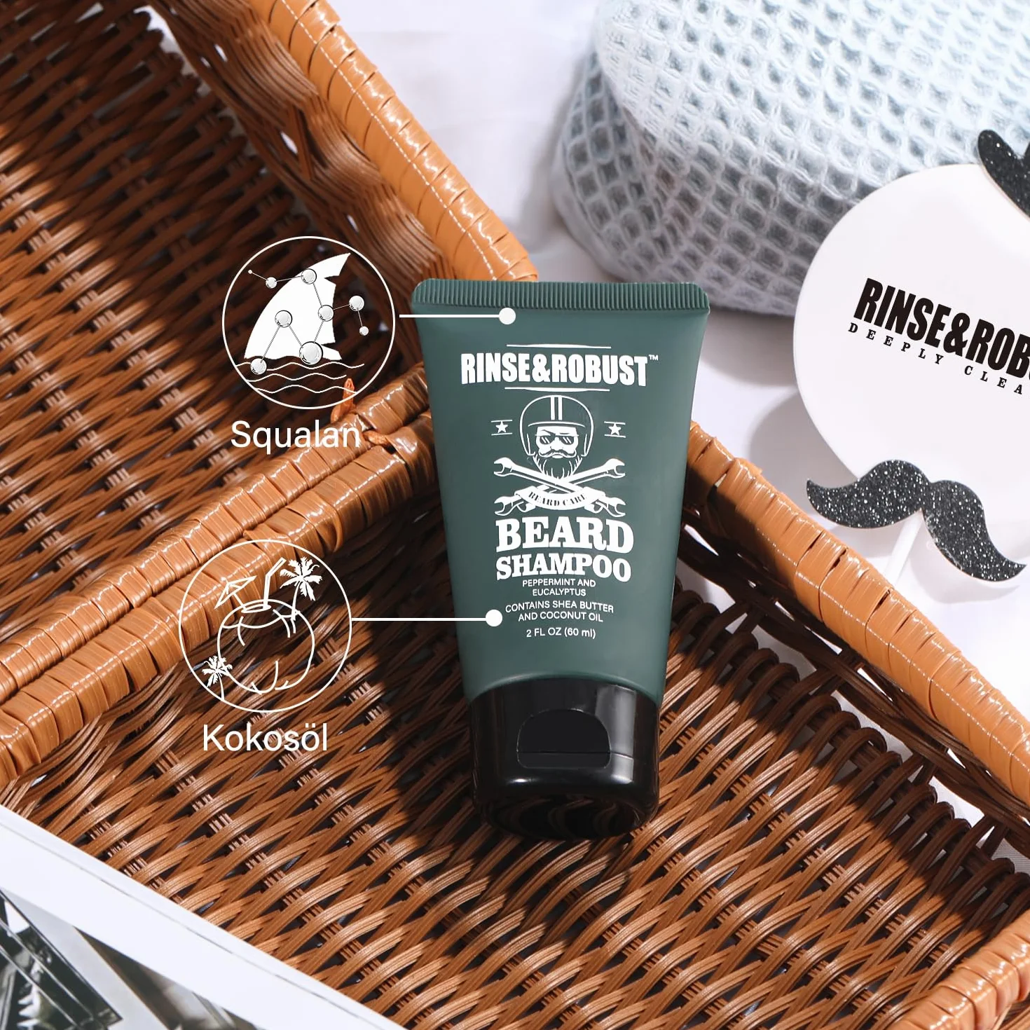 Rinse&Robusto, set per la cura della barba da 8 pezzi, con borsa da viaggio, profumo di eucalipto, spazzola da barba, forbici da barba, shampoo da barba