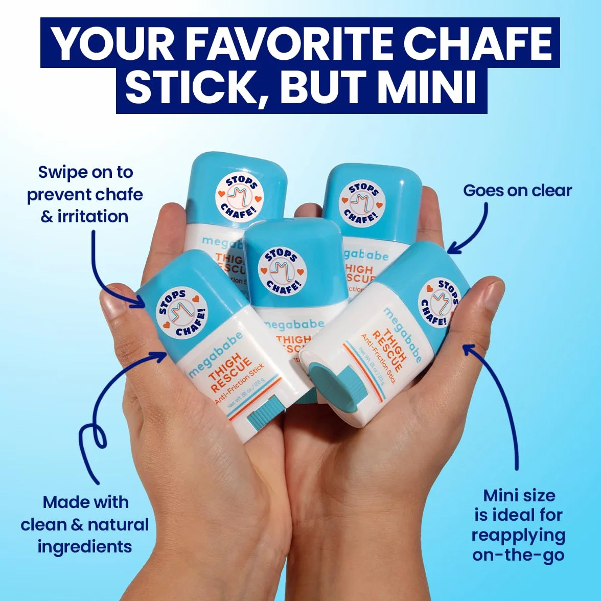 Megababe Mini coscia Rescue Anti Chafe Stick – Formato da viaggio con aloe, melograno e olio di vinaccioli