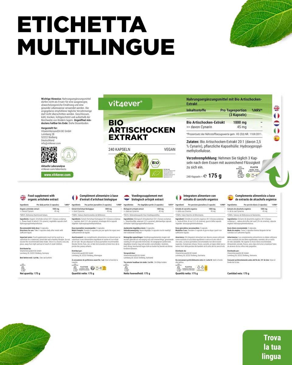 Estratto di carciofo Qualità biologica - 240 capsule - 1800 mg per dose giornaliera (2,5% cinarina) - Vero estratto 20:1 - Dose elevata - Vegan