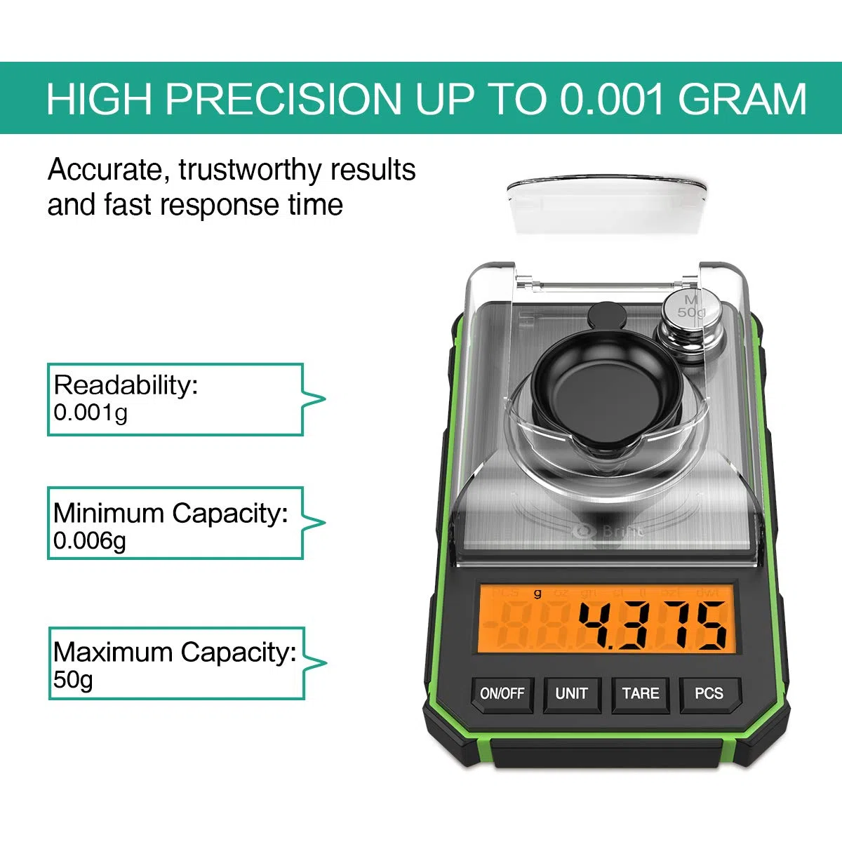 ORIA Bilancia di Precisione, 50g/0.001g Bilancia Digitale Tascabile Ad Alta Precisione con Peso di Calibrazione 50g, Pinzette, Piatto di Pesata, Funzione Tara, LCD, 6 Unità