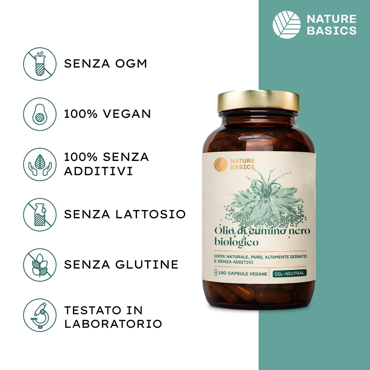 Olio di semi di cumino nero biologico - 180 capsule ad alto dosaggio / 500 mg di olio di semi di cumino nero biologico e 250 mg di acido linoleico per capsula/Vegano, certificato e sostenibile