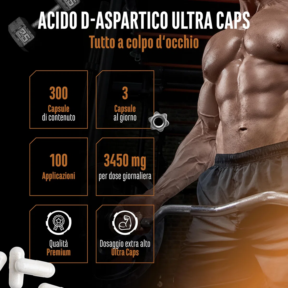 D-Aspartico DAA Ultra Caps - 300 capsule con 1150 mg ad alto dosaggio per capsula - D-Aspartic Acid - Senza additivi indesiderati