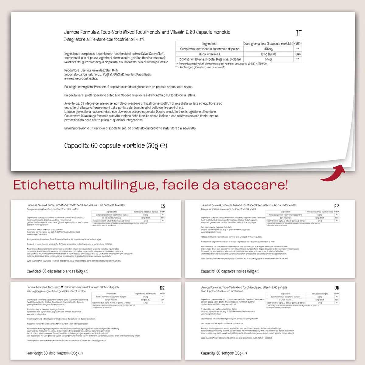 Jarrow Formulas, Toco-Sorb, Tocotrienoli Misti e Vitamina E, 60 Capsule morbide, Testato in Laboratorio, Senza Glutine, Senza Soia, Non OGM