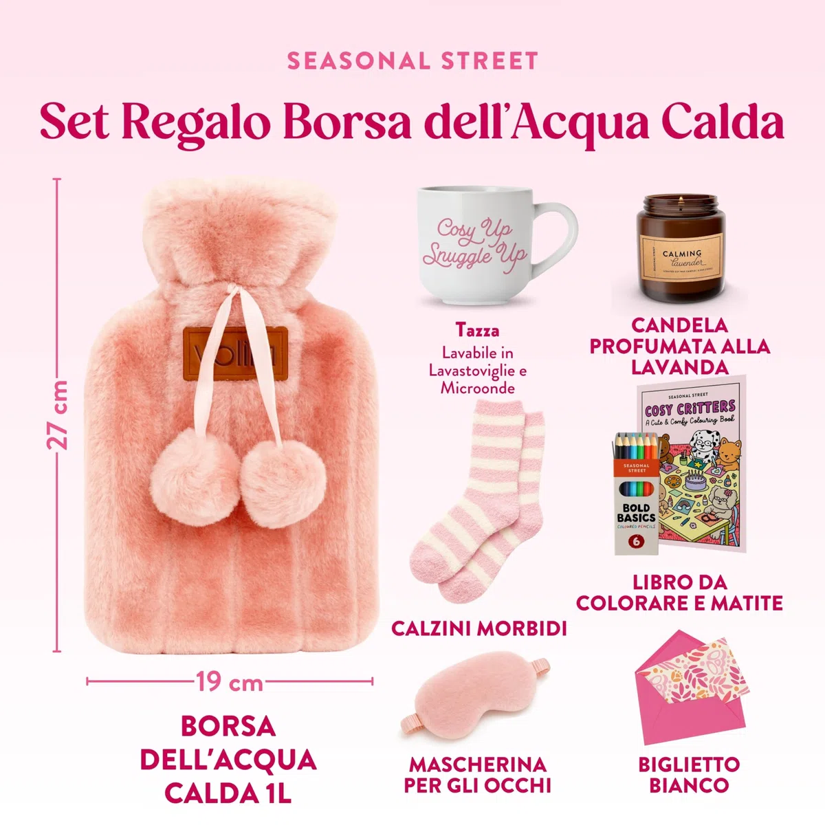 Set Regalo con Borsa Acqua Calda – Boule Acqua Calda Rosa da 1000ml con Calzini, Tazza, Candela, Mascherina per gli Occhi e Libro da Colorare con Matita