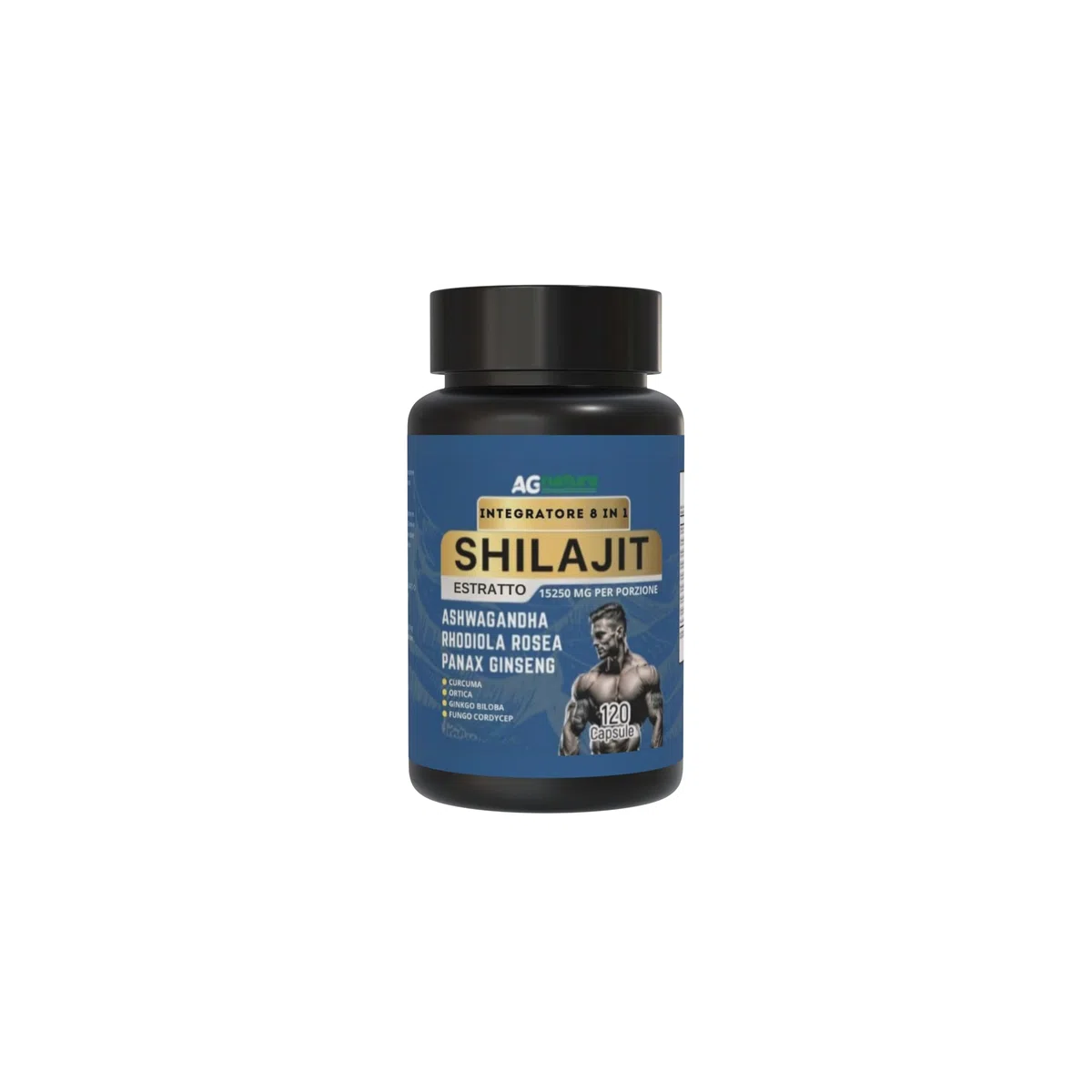 AG nature Shilajit Puro Himalayano Originale Forte 120Cps | Complex 8 in 1 da 15250mg con Ashwagandha, Rhodiola Rosea, Curcuma, Ortica, Ginkgo Biloba e Panax Ginseng