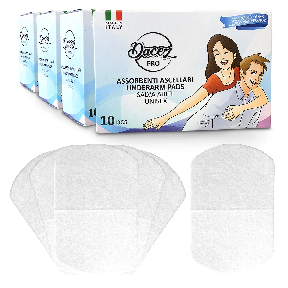 DacezPRO® Assorbenti Ascellari Uomo Donna Unisex 100% Made In Italy Assorbi Sudore Per Ascelle Tamponi Iperidrosi Alette Anti Sudore (60 pezzi)