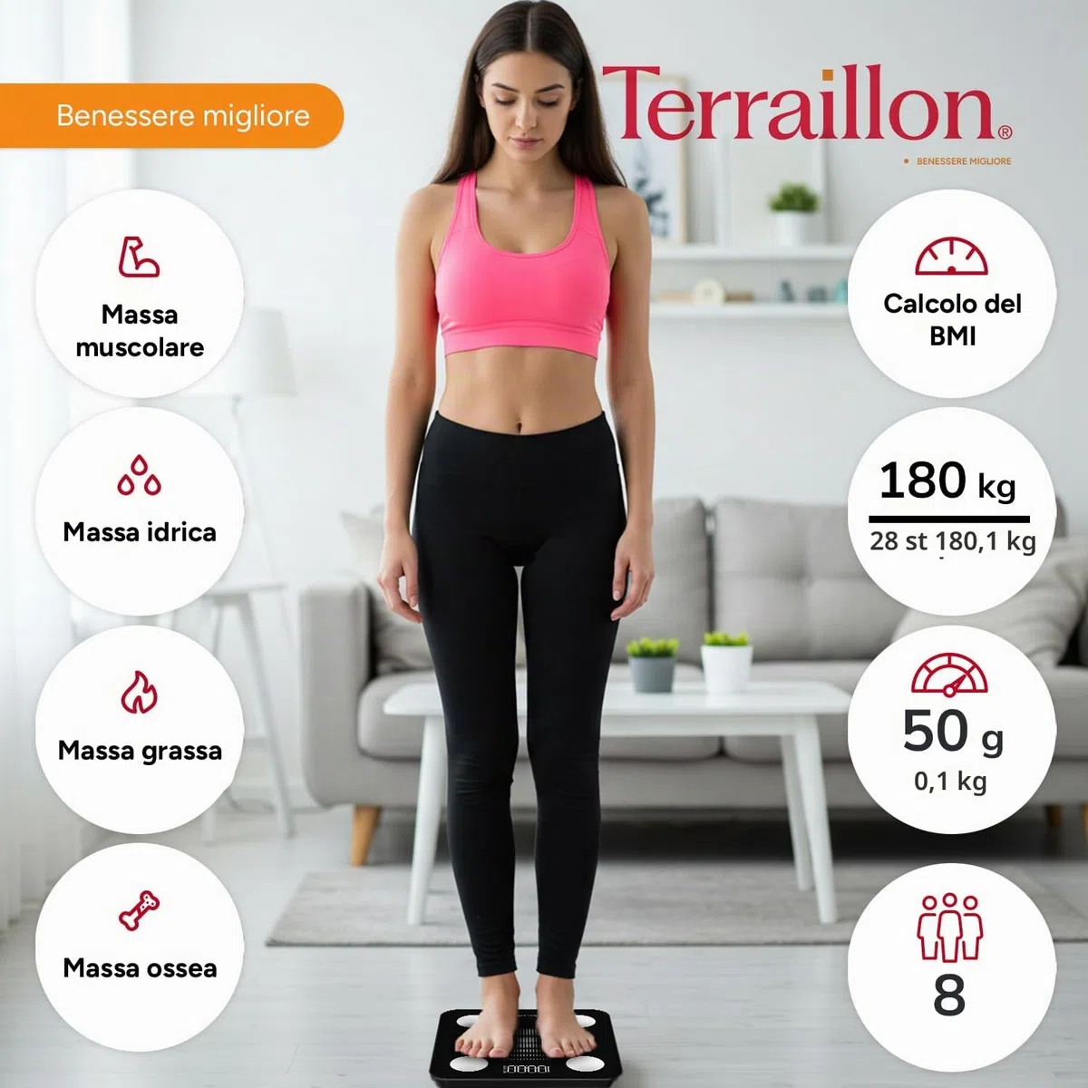 TERRAILLON - WEIGHT CONNECT - Bilancia Intelligente Bluetooth, analisi delle masse grassa, muscolare, idrica e ossea, BMI, capacità 180 kg, gradazione 50 g, schermo LED, vassoio vetro, nero