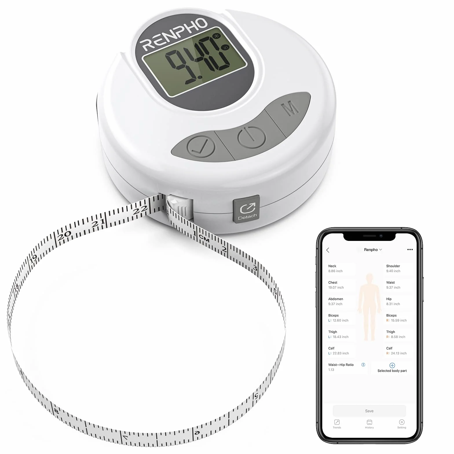 RENPHO Metro Sarta Smart a Nastro Digitale, Misurazione Bluetooth, Perdita di Peso, Aumento Muscolare, Retrattile, Misura Delle Circonferenze Del Corpo