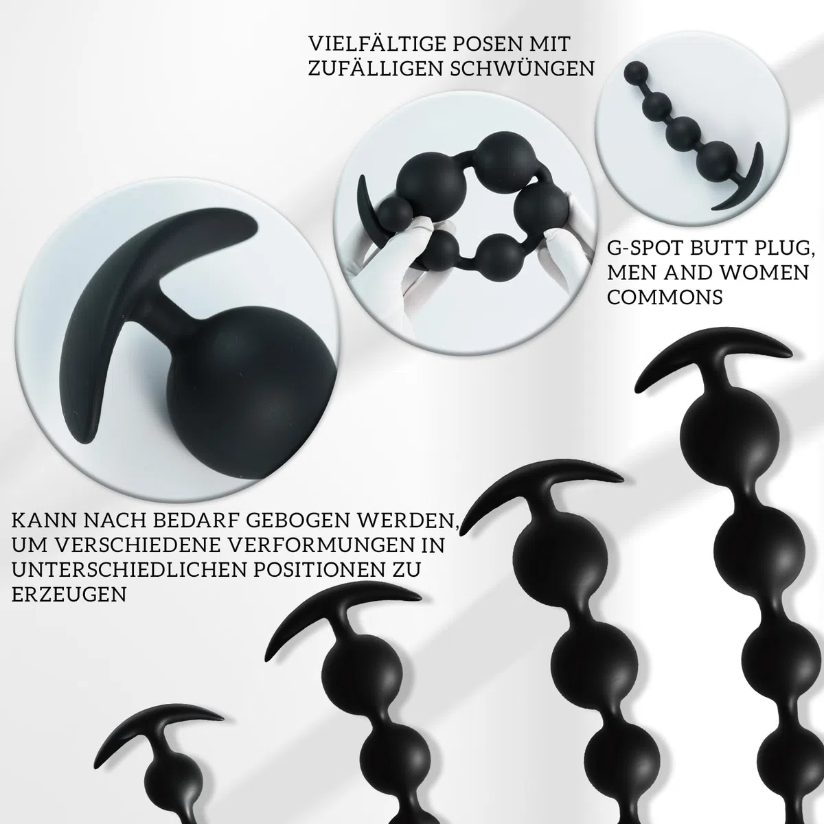 AMAZBEE Perle Anali in Silicone con Palline di Diverse Dimensioni Giocattolo Sessuale con Perle anal Flessibile con Dildo Butt Plug a Base Stretta e Svasata per uomini e donne nero (5 Bead)