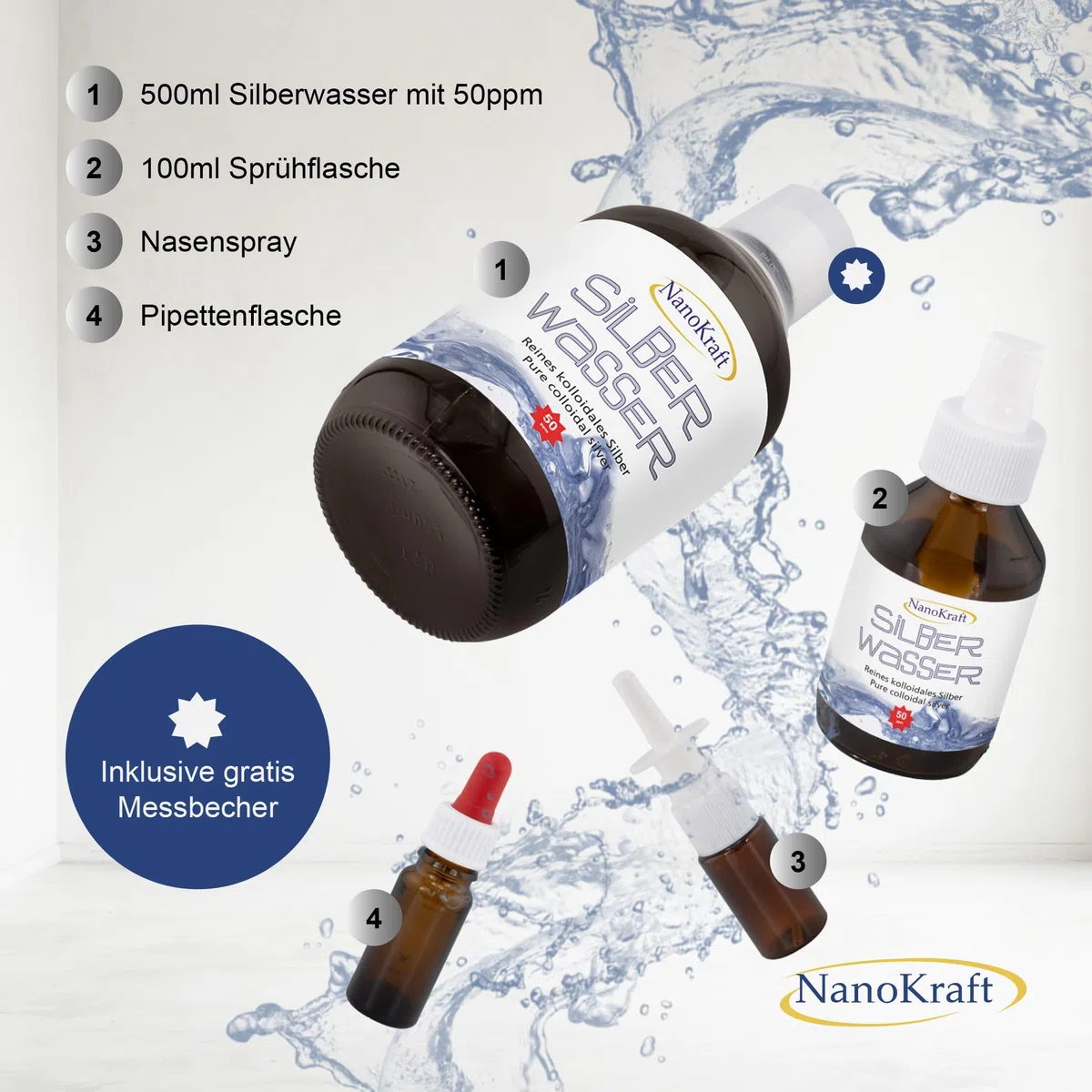Argento colloidale 500 ml / 50 ppm Acqua argentata con flacone spray incluso Flacone spray nasale Bottiglia pipetta Misurino Alta concentrazione Migliore efficacia Made in Austria…