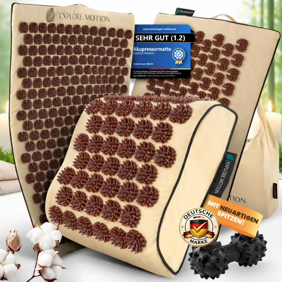 Tappetino di Agopressione Premium 6 in 1 - Edizione Sandstone | Massaggio schiena e cervicale contro stress e tensioni | Con cuscino, tappetino extra, palla da massaggio e borsa | Senti la differenza