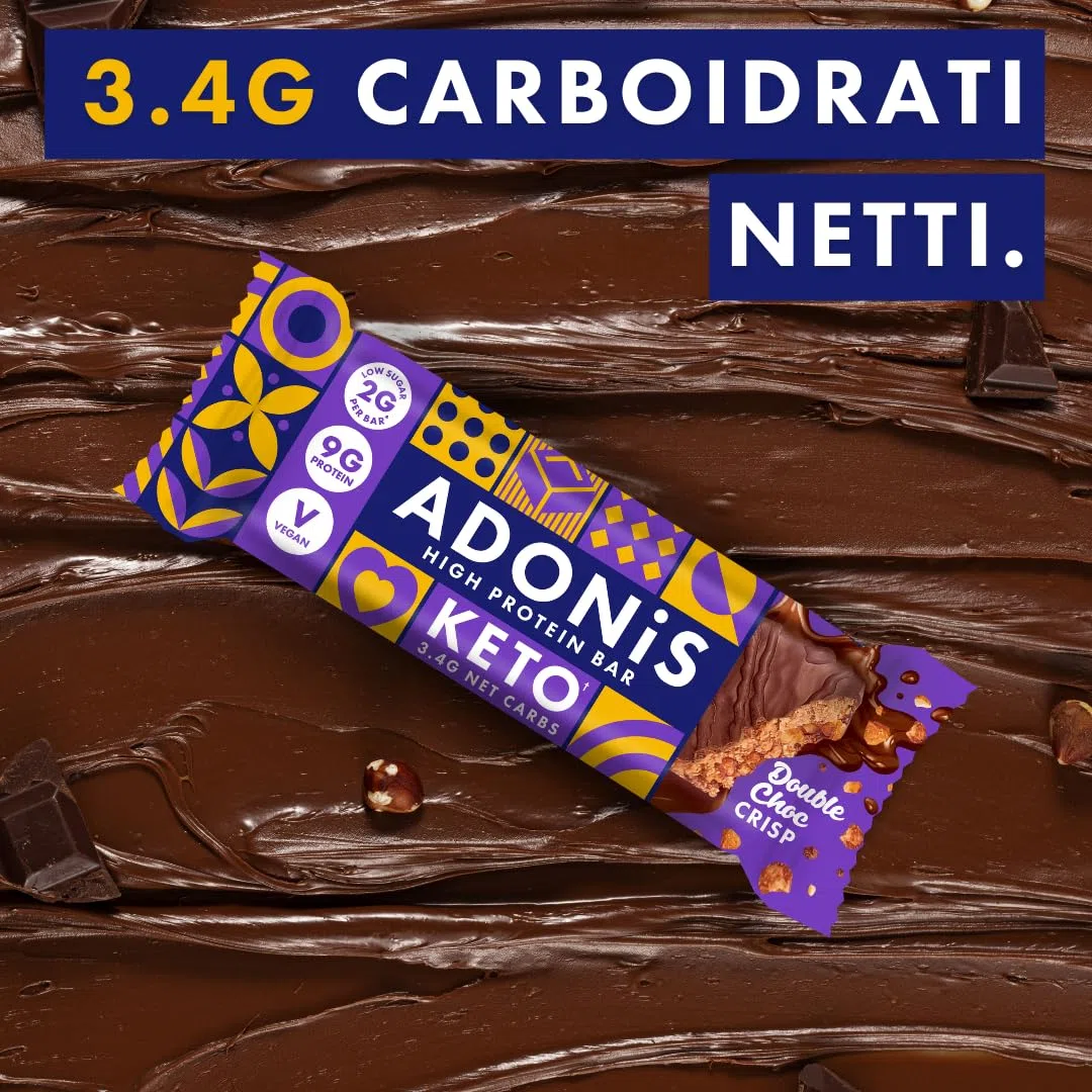 Barrette Keto Adonis Caramello e Arachidi – 16 x 45g | Barrette proteiche a basso contenuto di carboidrati | 9g di proteine, 2g di zucchero (Doppio Cioccolato Croccante)
