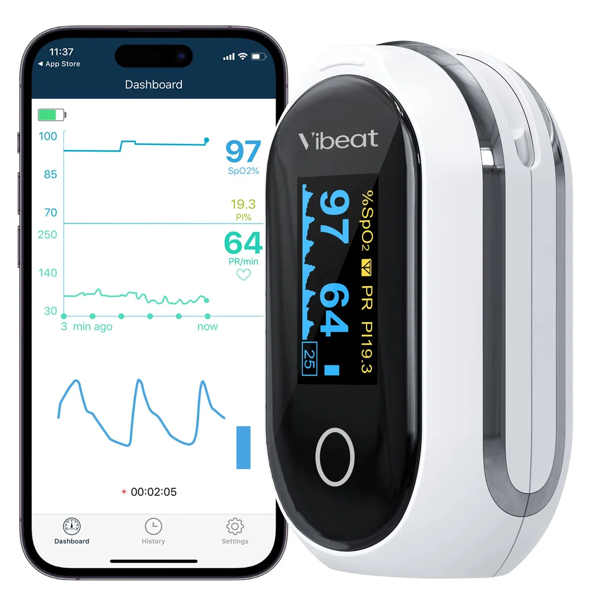 Pulsossimetro da dito Ricaricabile, Saturimetro da dito Bluetooth, Monitor della Saturazione di Ossigeno nel Sangue con Modalità di Registrazione Continua, Monitor della Frequenza Cardiaca con APP