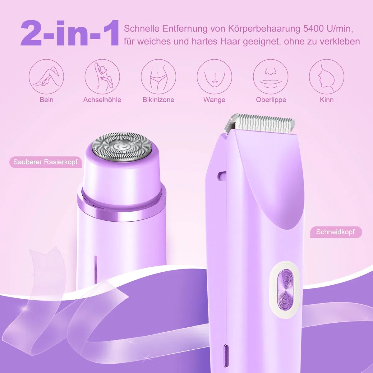 Rasoio da donna, 2 in 1, a doppia testa, con ricarica USB-C, rasoio elettrico da donna, per viso, gambe e braccia, bikini con testa di trimmer, facile da pulire (viola)