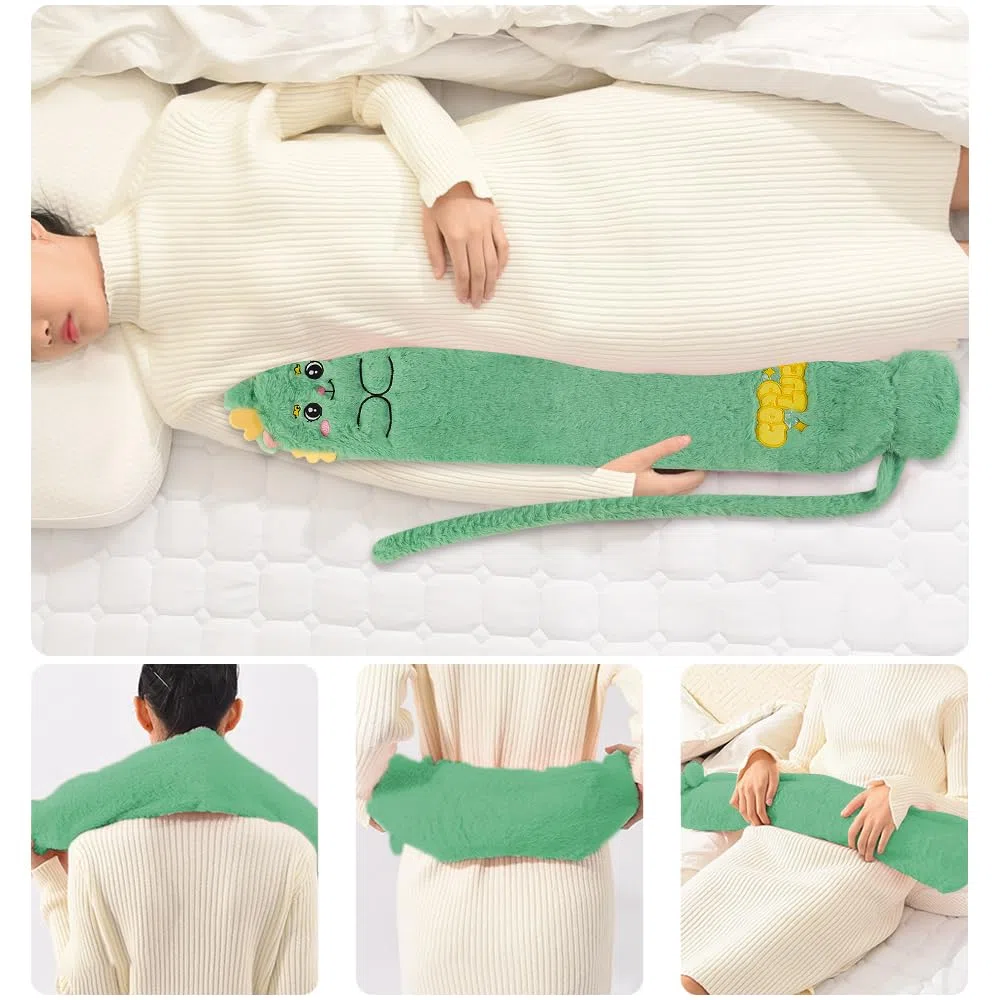Borsa Acqua Calda Lunga, Borsa Acqua Calda Peluche, 1.5 Litri 72x12 cm Borsa Dellacqua Calda in Gomma con Coperchio, Adatto per collo, pancia e schiena, alleviare il dolore (Verde/Dinosauro)