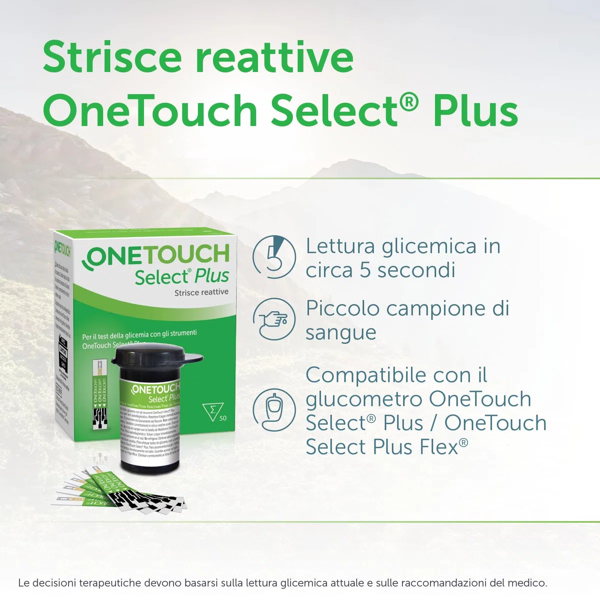 OneTouch Select® Plus Strisce reattive per 50 test glicemici per l’automonitoraggio della glicemia I 1 confezione contenente 50 strisce reattive