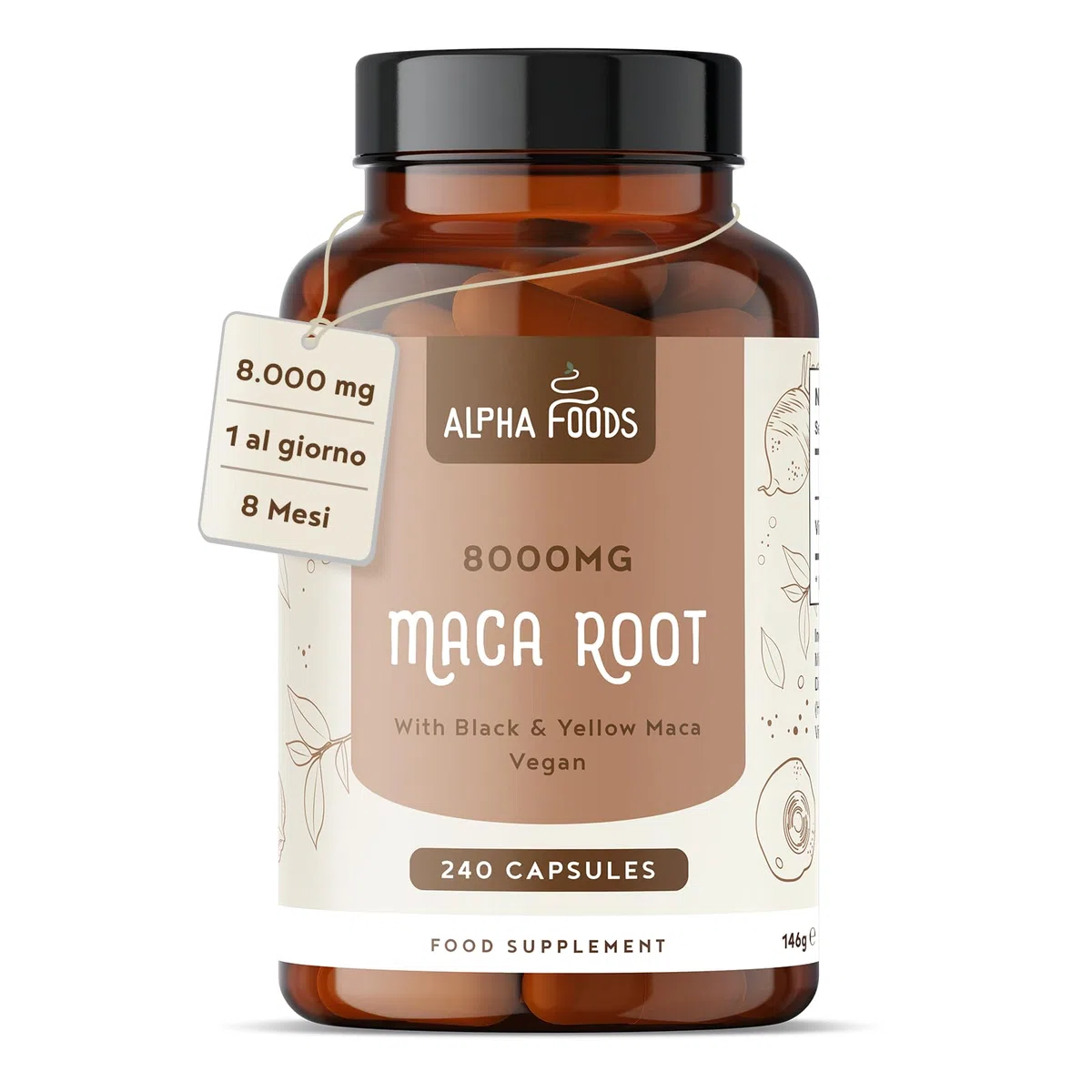 Maca Peruviana Nera Extra Forte | 8000mg per Capsula di Estratto di Maca Gialla + Black/Nera | Equilibrio Ormonale | 240 Capsule Vegane Alto Dosaggio | Alpha Foods