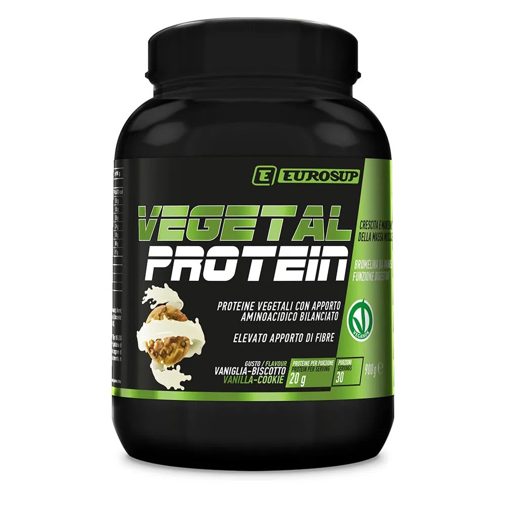 EUROSUP VEGETAL PROTEIN – Proteine Vegetali Pisello e Girasole | Con Bromelina, Fibre, Vitamine B6 e B12 | Supporto Massa Muscolare | Ottima Solubilità e Gusto | VeganOK | 900g - Vaniglia-Biscotto
