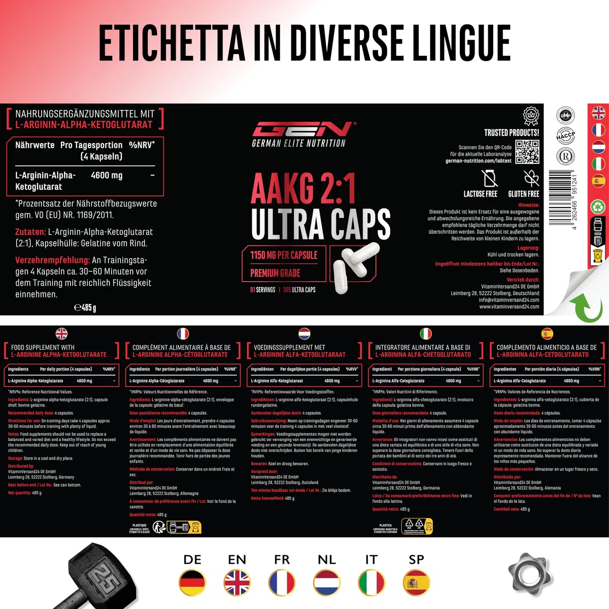 AAKG Ultra Caps - 365 capsule con 1150 mg ciascuna di L-arginina alfa-chetoglutarato pura - Amminoacido puro da fermentazione vegetale - Altamente dosato