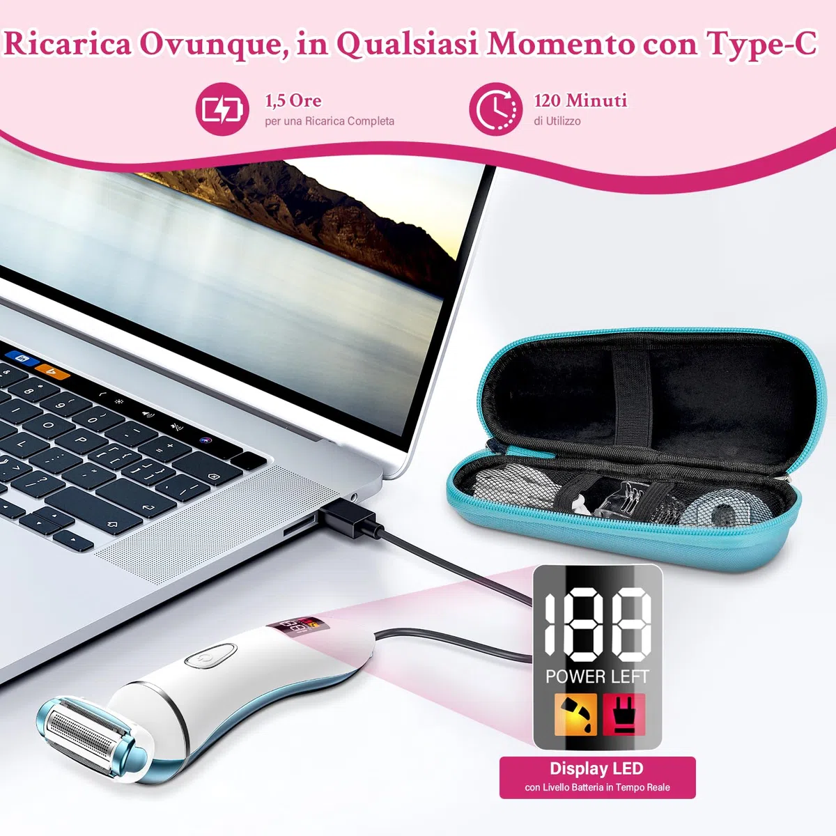 Ruycllo Rasoio Elettrico Donna 2 in 1, Rasoio Intimo Donna e Trimmer Bikini IPX7 Impermeabile, Trimmer Intima con Display LED per Gambe, Ascelle e Zona Intima con Custodia da Viaggio