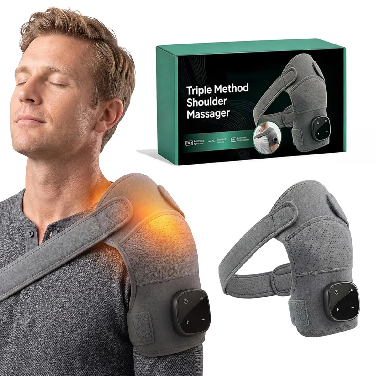 Hewelth Massaggiatore per Spalle Triple Method con Calore e Vibrazione, Senza Fili, Regolabile, per Spalle, Ginocchia e Gambe.