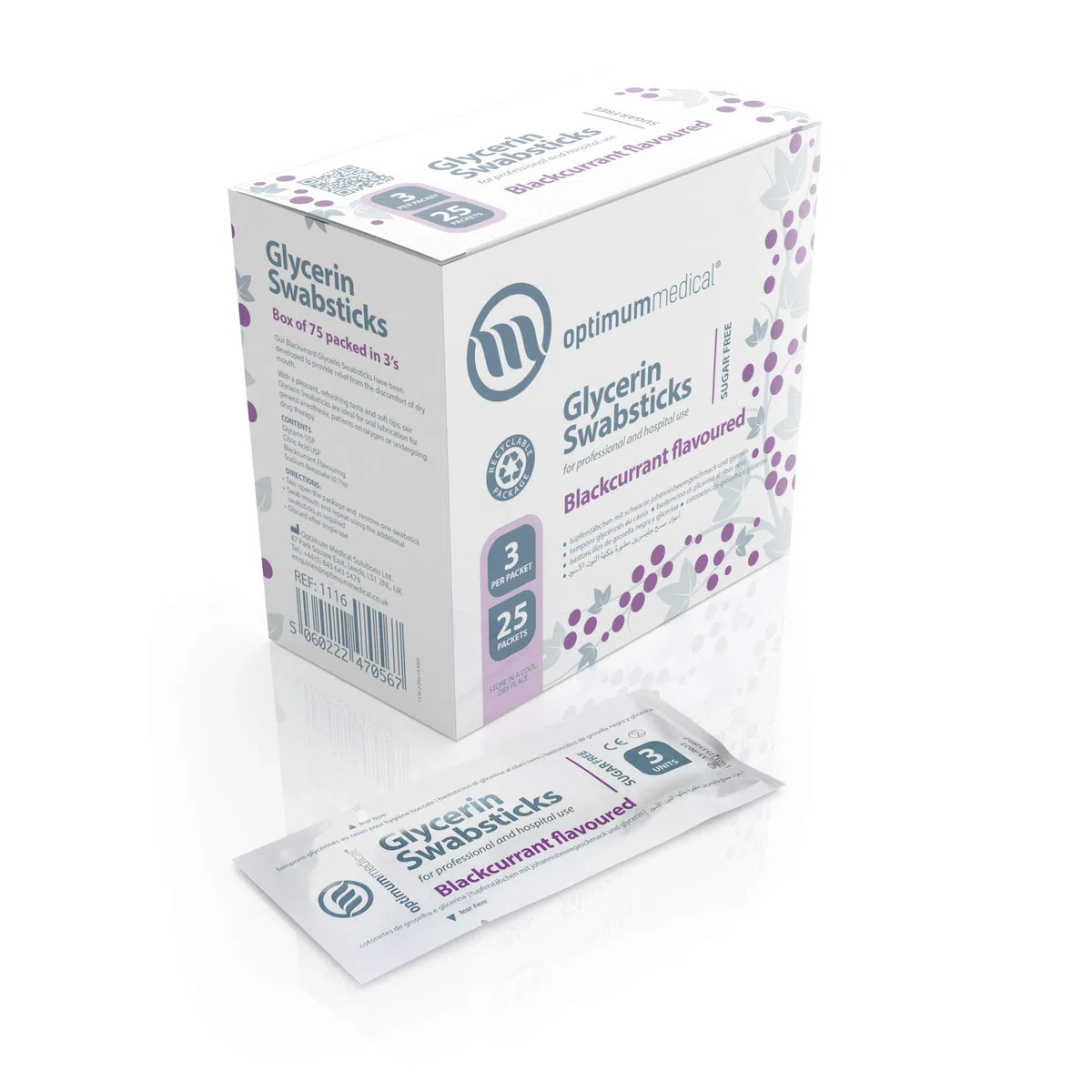Optimum Medical Cotton Fioc in Glicerina per Raccolta di Campioni – limone o ribes nero, Sapore piacevole e Sugar Free (Ribes - Scatola da 75)