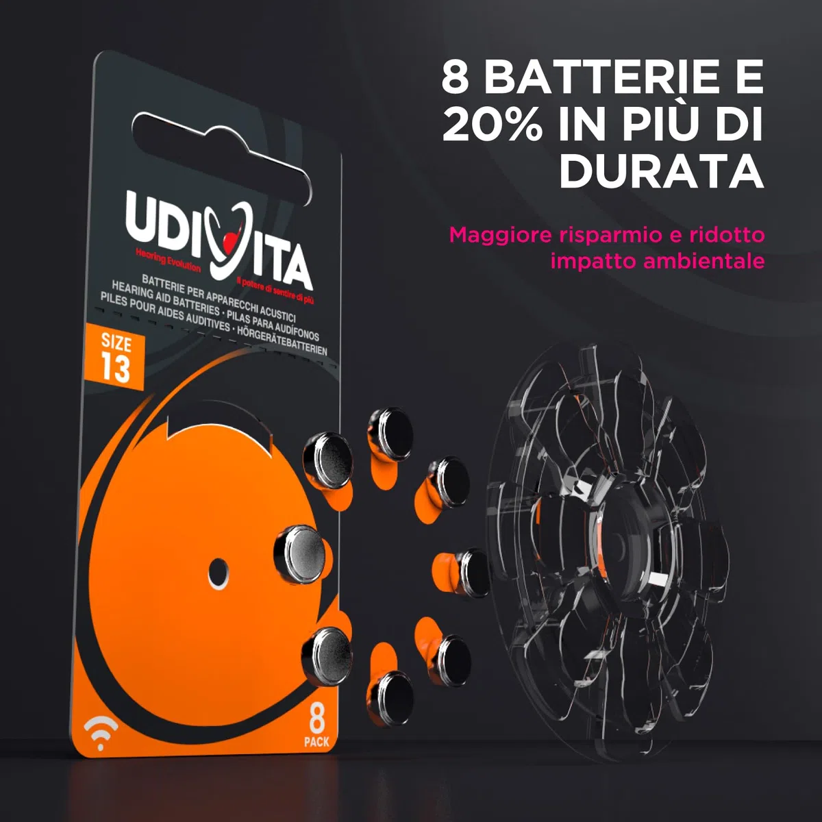 120 Batterie per Apparecchi Acustici Udivita Misura 13 (Arancioni) PR48 con Phono Pulse Technology - 15 Blister da 8 Pile
