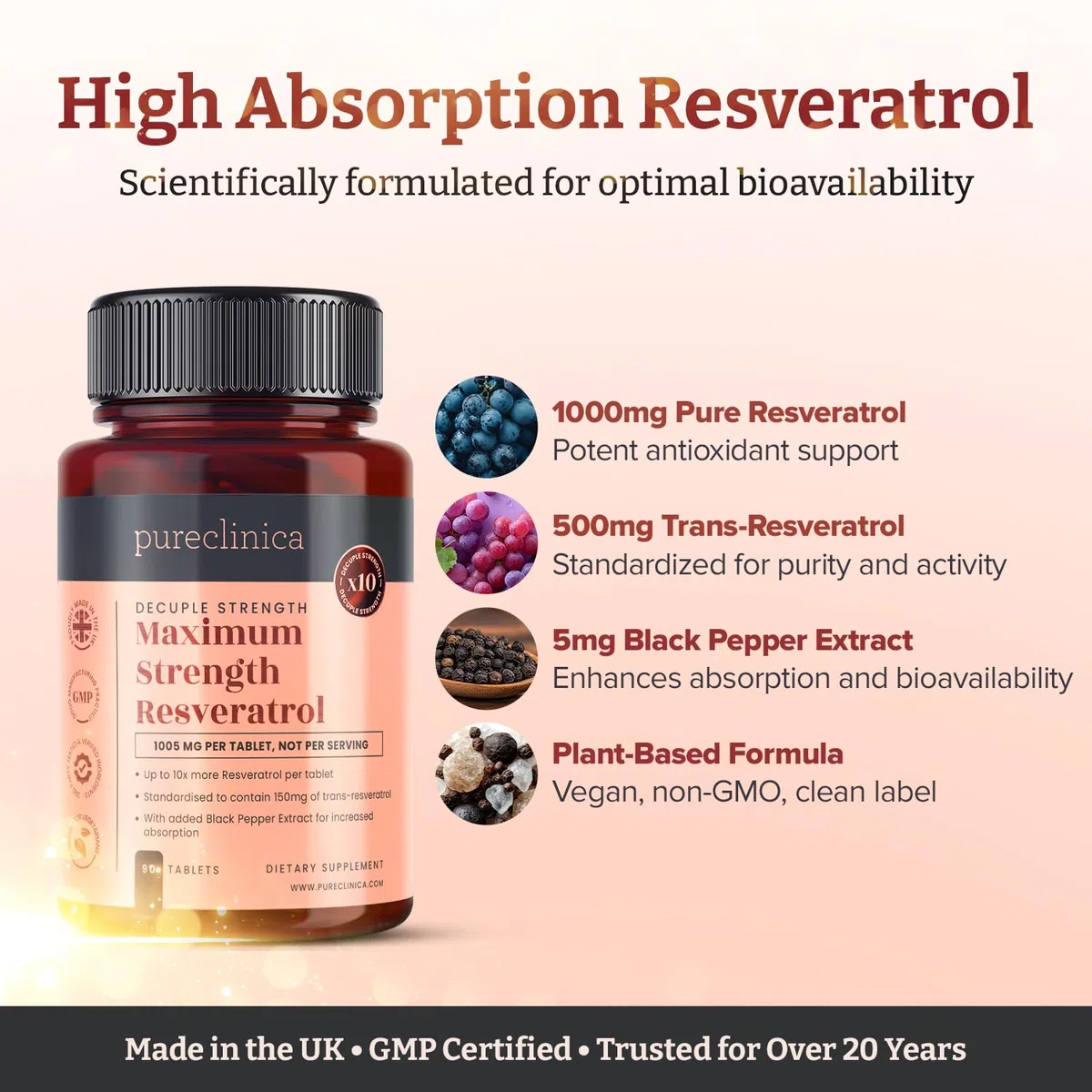 Pureclinica 90 compresse di resveratrolo da 1000 mg (fornitura per 3 mesi), 10 dosi con estratto di pepe nero