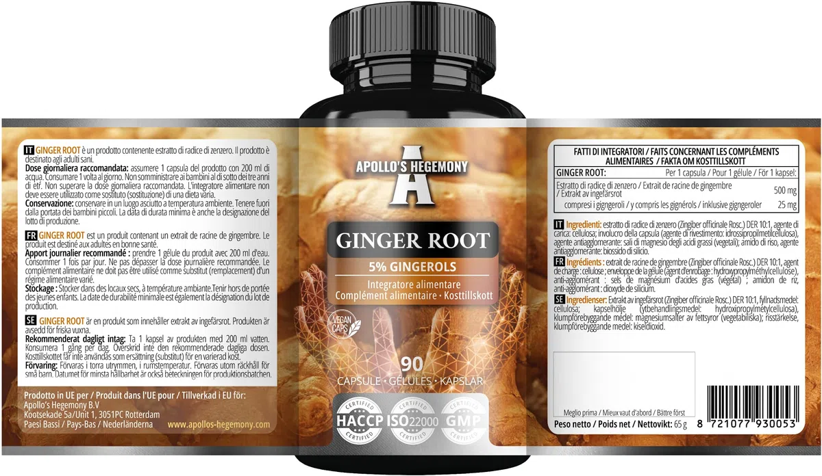 Radice di zenzero 500 mg, estratto contenente il 5% di gingeroli, 90 capsule vegane, fornitura di 3 mesi - da Apollo's Hegemony