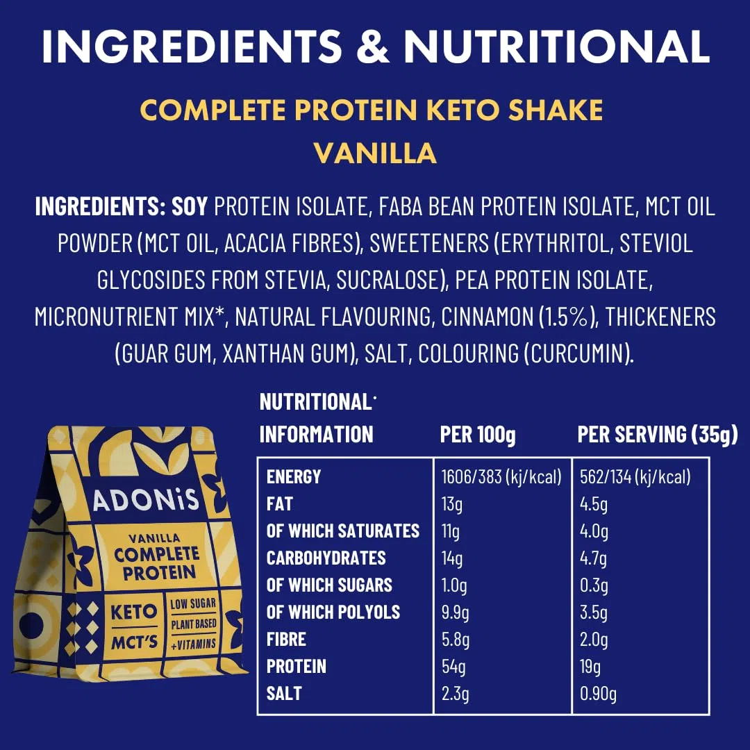 ADONiS Vaniglia Protein Keto Shake - Gusto Cremoso alla Vaniglia – Basso Contenuto di Carboidrati, Polvere Proteica di Alta Qualità per la Costruzione Muscolare e la Rigenerazione – Perfetto per la
