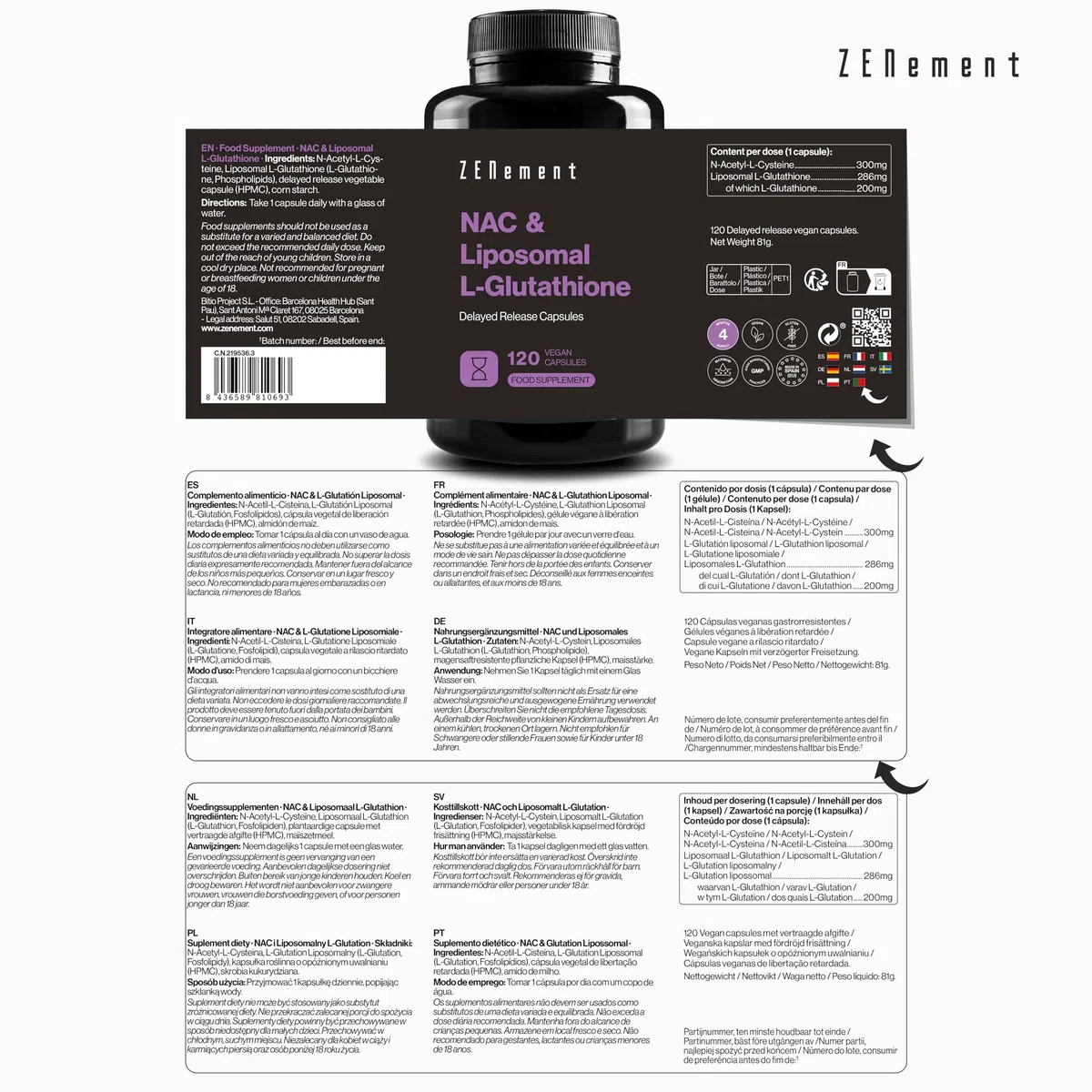 NAC con L-Glutatione Liposomiale - Formula Avanzata con N-Acetilcisteina e Glutatione ad Alta Assorbimento - Capsule Vegane a Rilascio Ritardato, Senza Additivi - 120 Capsule, 4 Mesi - Zenement
