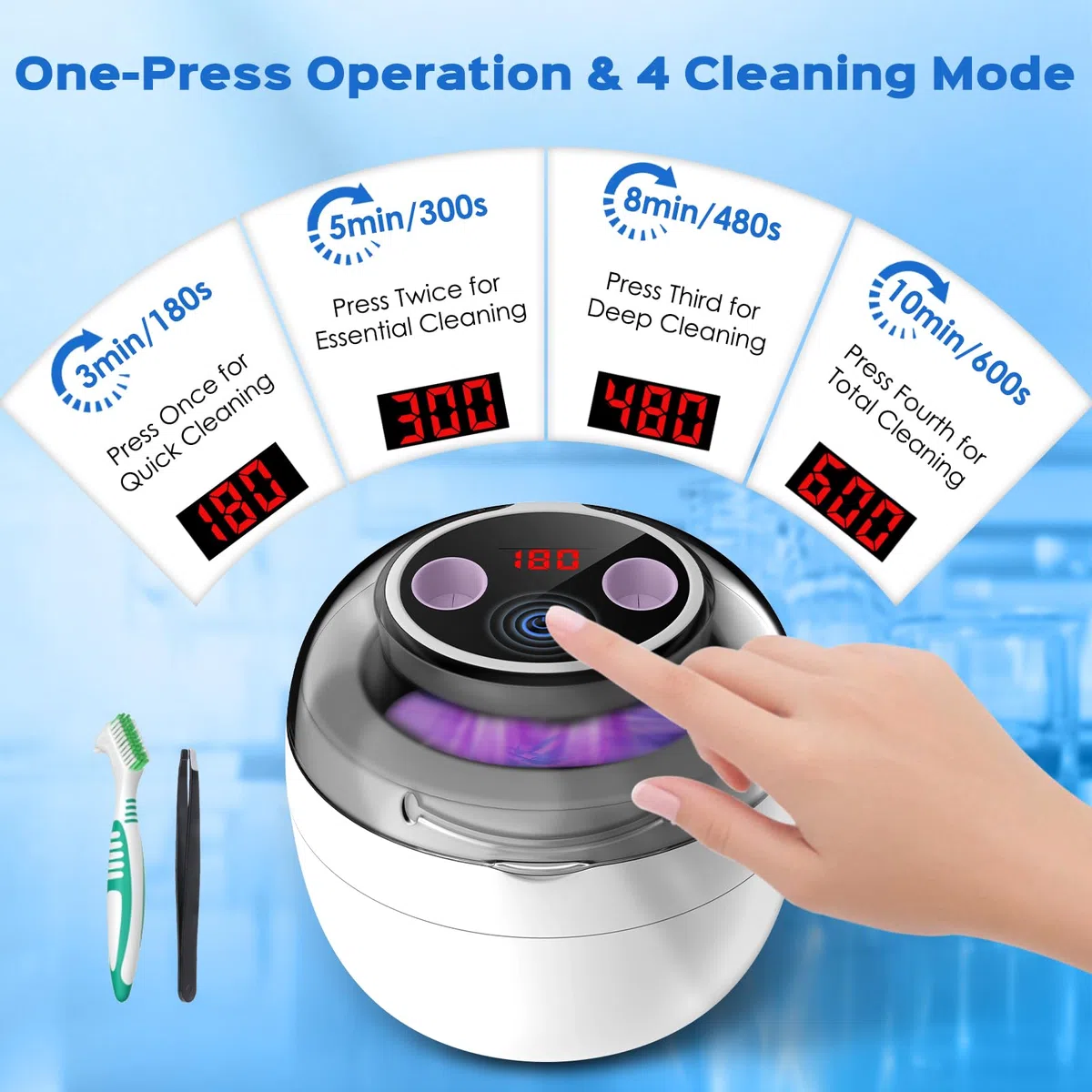 Pulitore Ultrasuoni 50000Hz Ultrasonic Cleaner, 250ML Pulizia Bite Dentale con 4 Luci Automatiche di Pulizia UV per Apparecchio Denti, Protesi Dentali, Maschere Denti, Gioielli