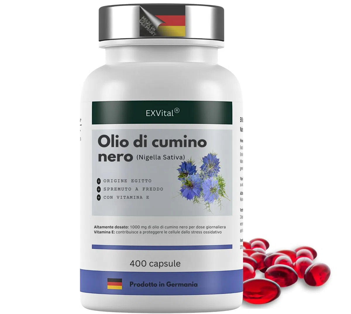 Capsule di olio di cumino nero, 1000 mg, EXVital, spremuto a freddo, egiziano, naturale, con vitamina E, 400 capsule softgel per più di 6 mesi, qualità premium, senza magnesio stearato