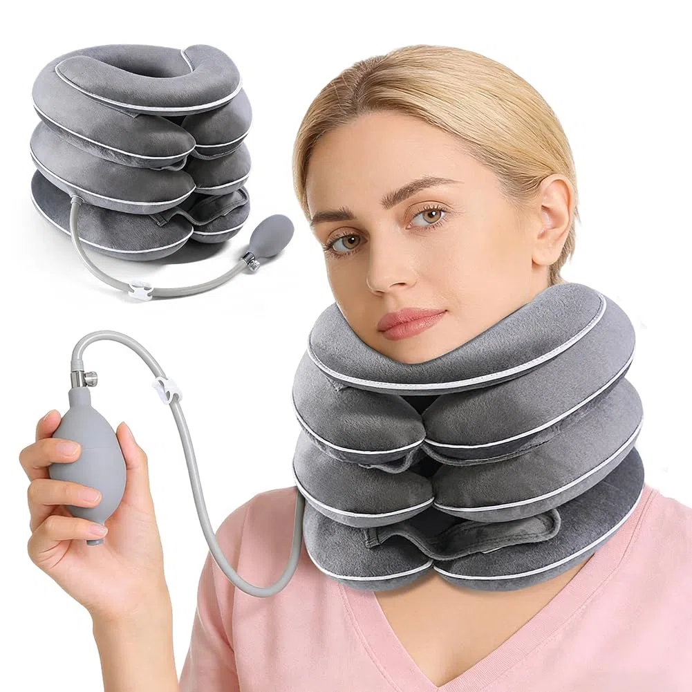 Collare Cervicale Gonfiabile, Cuscino Cervicale Gonfiabile a 3 Strati Estensibili, Collare Ortopedico Rimovibile con Supporto Mento, per Sollievo Dolori Cervicali, Tessuto Traspirante