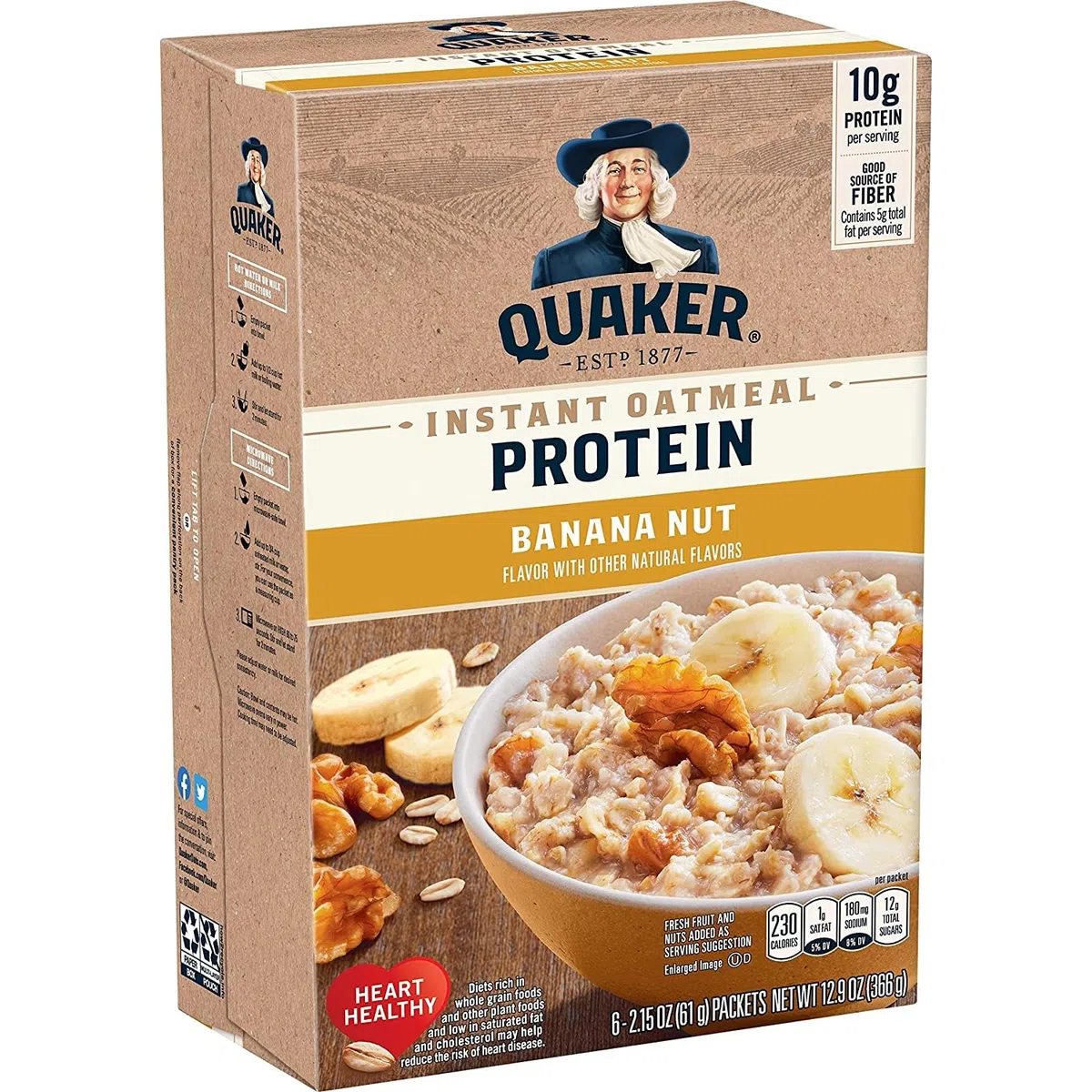 Quaker Instant Oatmeal Protein Banana Nut Flavor 6 Count, 12.9oz Box (Pack of 2)