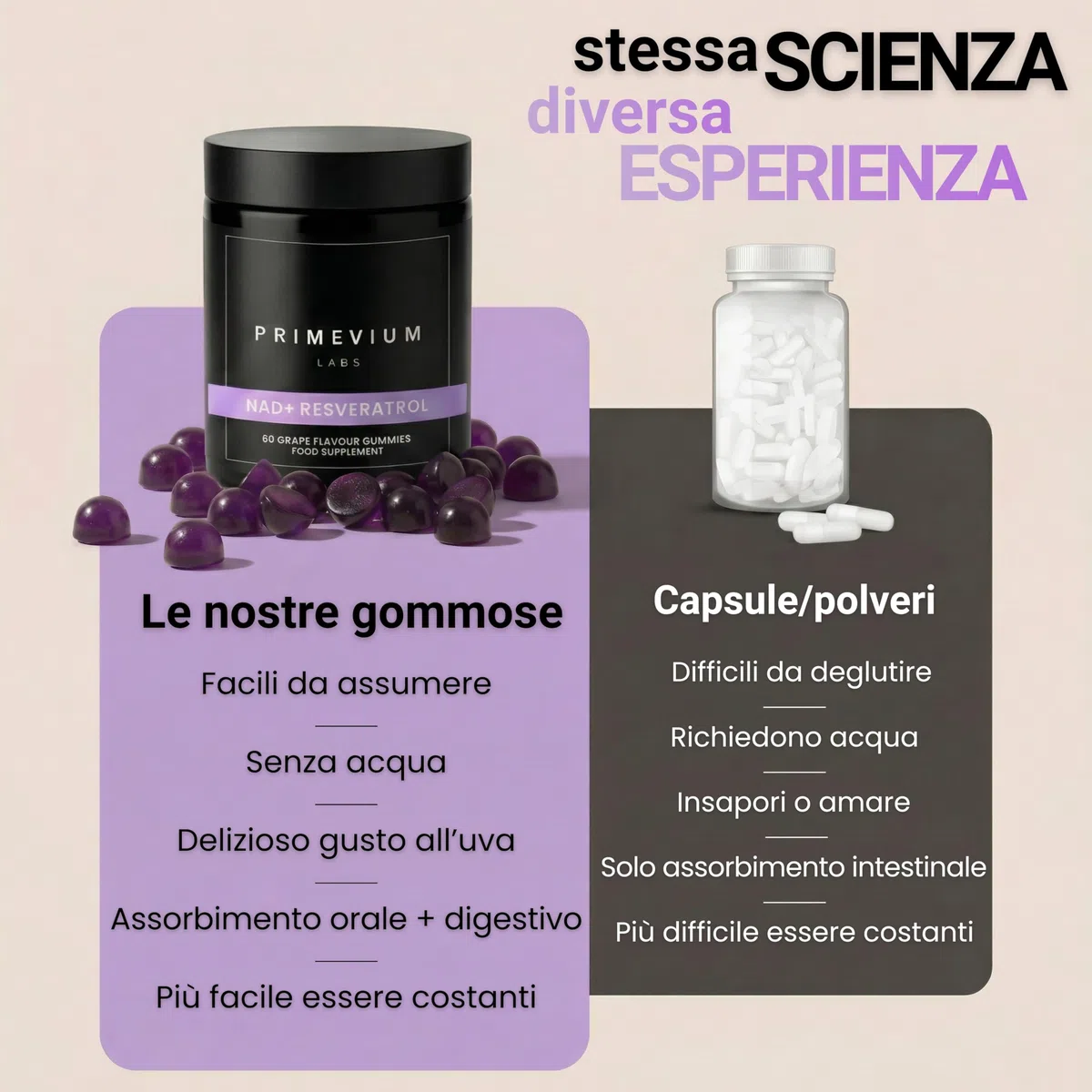 NAD+ con Resveratrolo e Quercetina - 60 Gummies Vegane Senza Zucchero - 850 mg per dose - Formula ad Alta Potenza - Integratore per Energia, Vitalità e Longevità - Primevium Labs
