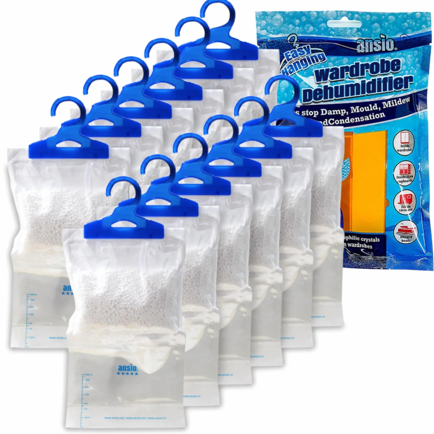 ANSIO 12 sacchetti per deumidificatori per armadio, assorbitori di umidità, condensa, deumidificatori per umidità, muffa, camera da letto, roulotte, bagno, cantina, ufficio, 210 g ciascuno