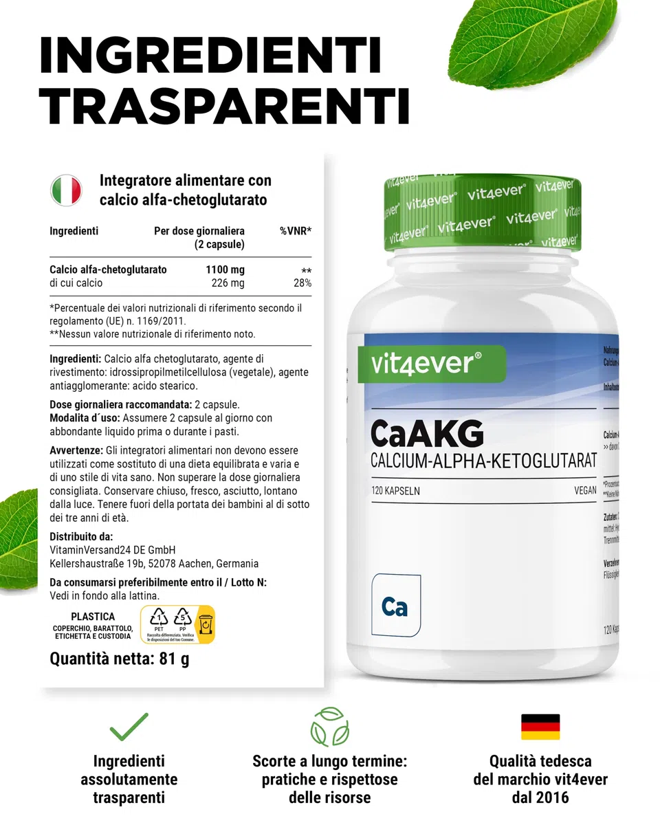 CaAKG - Calcio Alfa-Chetoglutarato - 120 Capsule - Alto Dosaggio con 1100 mg di Dose Giornaliera - Calcio Puro e Alfa-Chetoglutarato Senza Additivi Inutili, Vegano