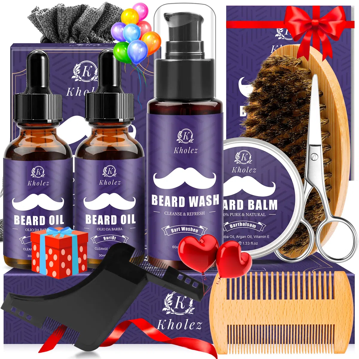 KHOLEZ Kit Barba Uomo Professionale, Set Barba Uomo, Set Cura Barba con Olio Barba, Balsamo Barba, Shampoo Barba, Forbici, Pettine Barba, Spazzola Barba, Modello Barba e Sacca Viaggio, Regalo Uomo