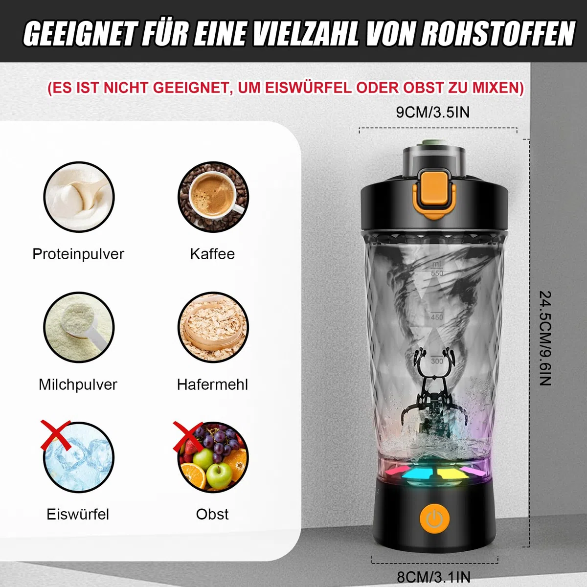 SOARFLY Shaker elettrico, 650ml shaker proteine elettrico, bottiglia per shaker per proteine ricaricabile USB C, shaker elettrico con scomparto per polvere, senza BPA, nero