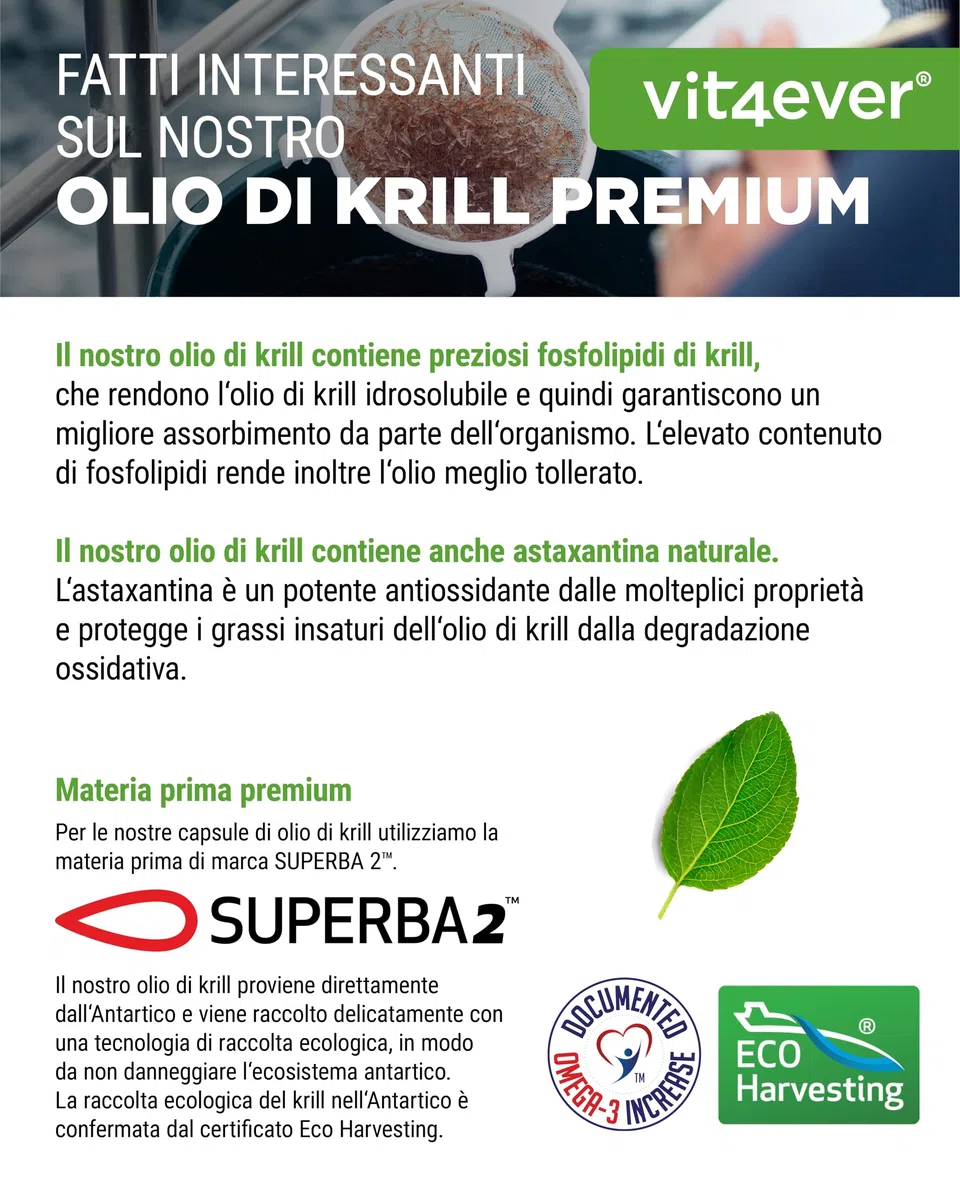 Krill Oil - 120 Capsule - Premium: Superba Antarctic Krill Oil - Ricco di EPA + DHA + Astaxantina + Fosfolipidi + Acidi grassi Omega 3 - Da coltivazione sostenibile.