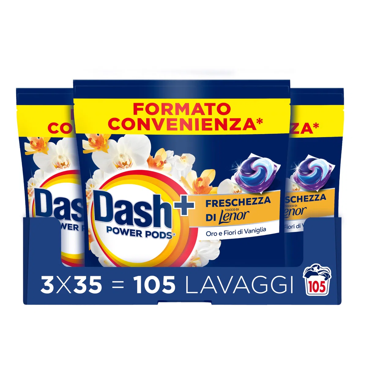 Dash Power Pods Detersivo Lavatrice In Capsule, 105 Lavaggi(3x35), Freschezza Di Lenor, Oro e Fiori di Vaniglia, Freschezza che dura 7 Giorni, Pulizia Impeccabile