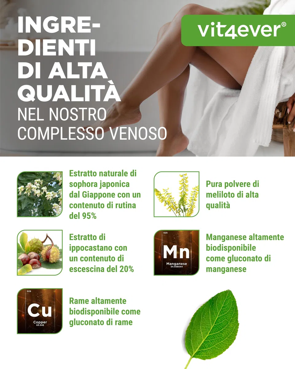 Complesso venoso - 180 capsule - Scorta di 3 mesi - Alto dosaggio di rutina, trifoglio, estratto di ippocastano, manganese, rame - Estratti pregiati - Vegan
